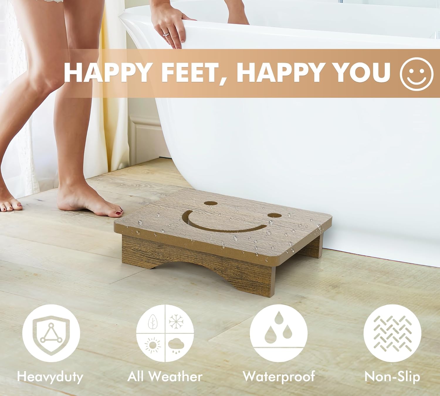 Y&M One Step Stool for Adults & Seniors, Waterproof HDPE Bedside Support Step Stool with Non-Slip Foot, 3.5" Heavy Duty Bed Step for High Beds, Bedroom, Office, Kitchen, Living Room – Light Brown