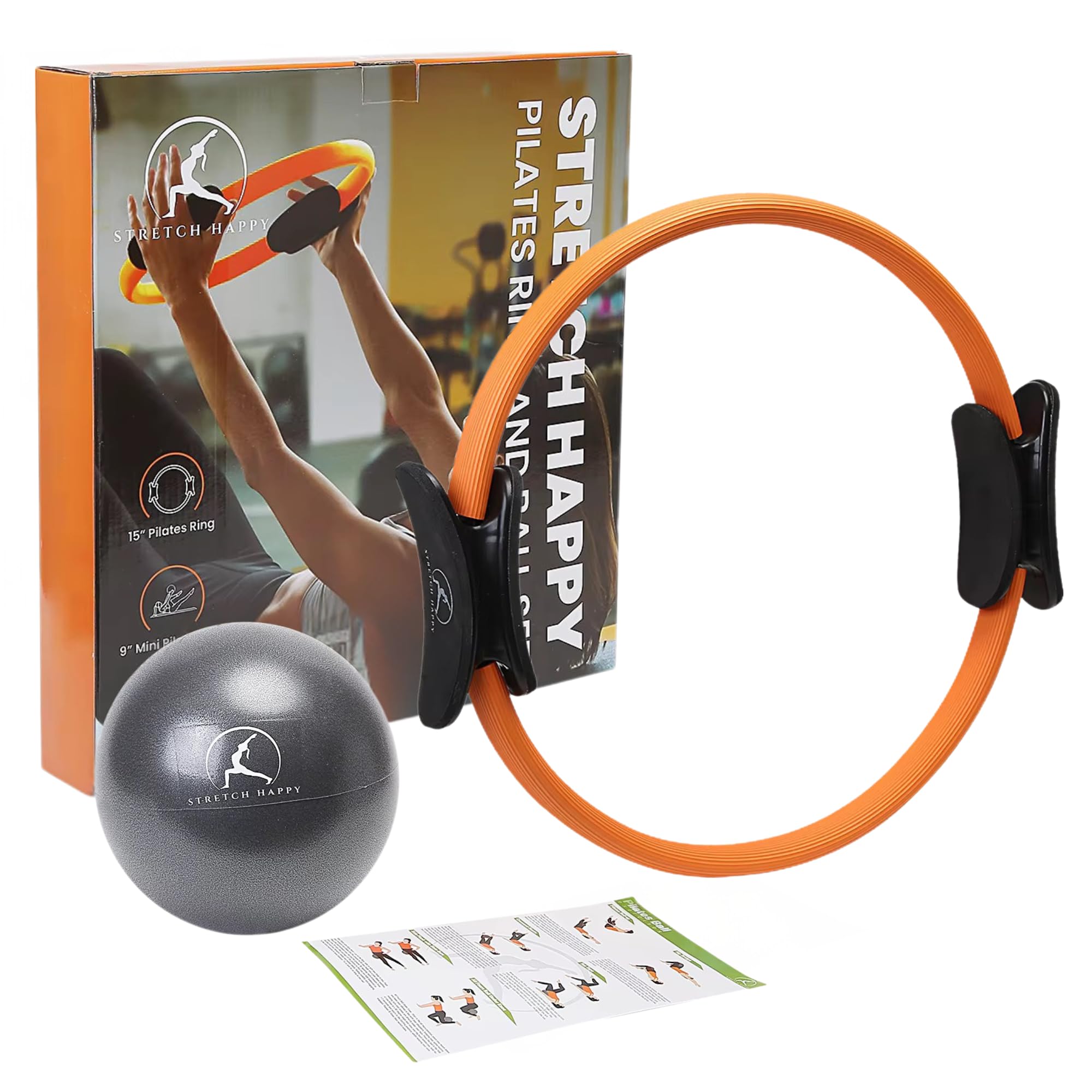 Stretch Happy Pilates Ring and Ball Equipment Set - Yoga Fitness Magic Circle And Mini Ball. FREE Guide. Resistance Workout, Muscle Toner, Pelvic Floor Exerciser, Abs & Thigh Strengthener At Home.