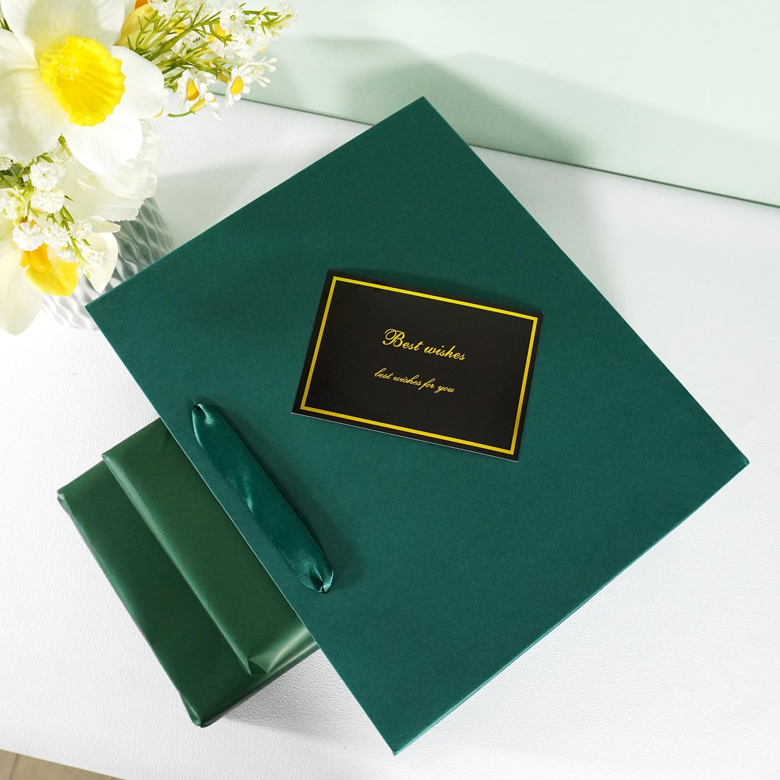 Elegant Green Gift Bag 11.8"x4.5"x9.8" with Ribbon Handles, Includes Card and Tissue Papers, Perfect for Birthdays, Weddings, Parties, Holidays, Baby Shower