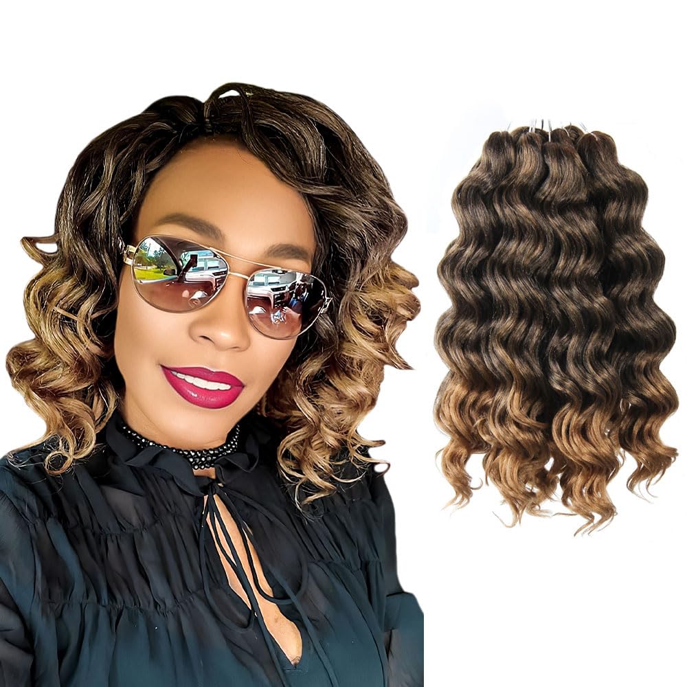 Niseyo NU Short Ocean Wave Crochet Hair 9 Inch 8 Packs Deep Wave Crochet Hair Synthetic Wavy Crochet Braids (T27 Ombre Honey Blonde)