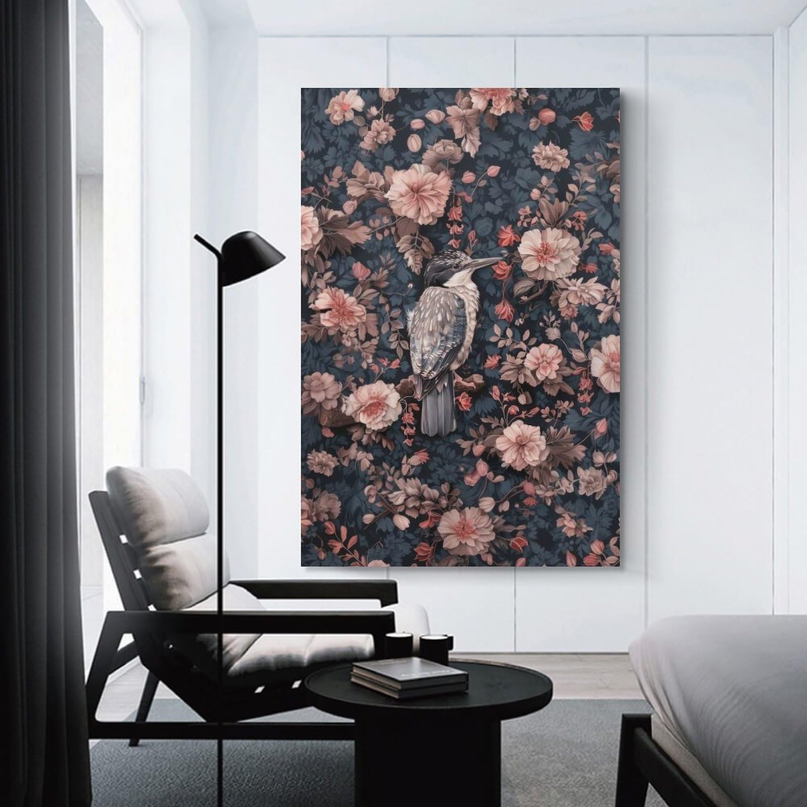 Junmoney Unframe-Style-24 Kingfisher Bird On Floral Background Wall Picture Print, 20X30inch(50X75cm), For New Homes, Bedrooms Or Workspaces, Thoughtful Wall Decor For Art Lovers