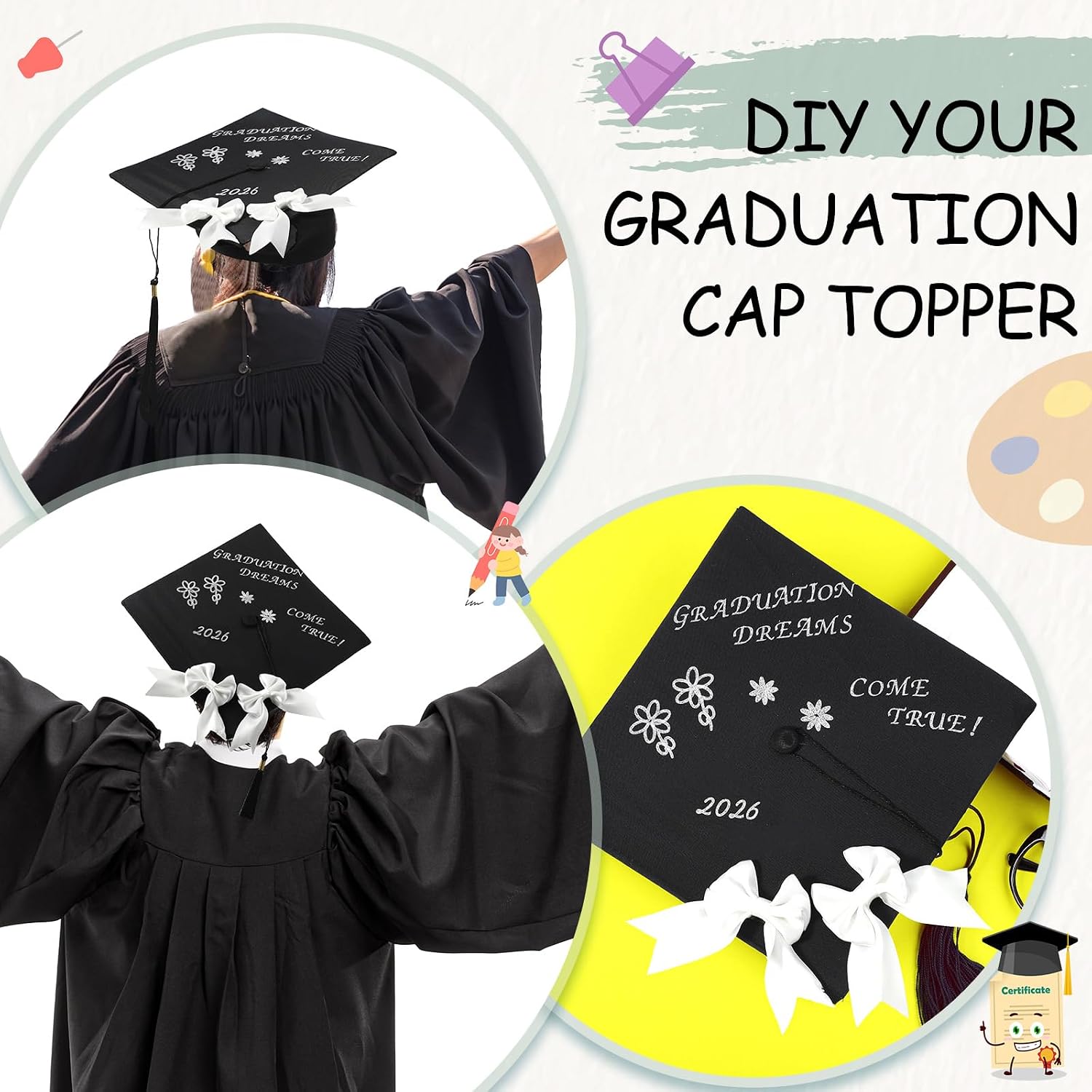 16 Pcs Graduation Cap Decorations Kit Include 2 Pcs White Bows 7 Sheets Glitter Alphabet Letter Stickers 7 Sheets Number Stickers for Grad Cap DIY Accessory Graduation Party Supplies Handicraft Art