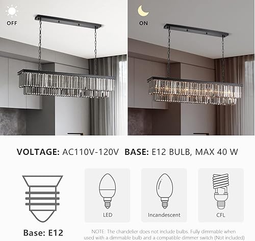 Miniatura 3 de Siljoy Lámpara de araña de cristal L47 para isla de cocina, lámparas colgantes rectangulares de techo, marco de metal negro con cristal gris ahumado