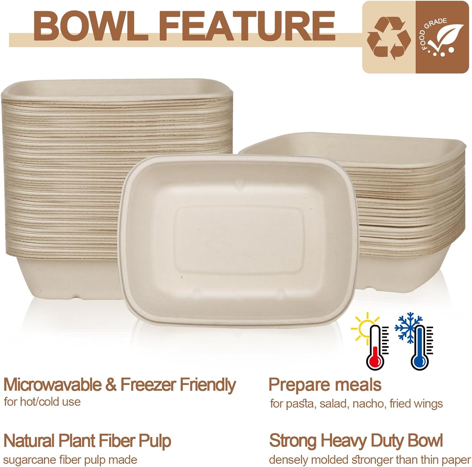 100 Pack 32 oz Large Paper Bowls with 100 Forks, Rectangle Compostable Disposable Bowls, Heavy Duty Biodegradable Bagasse Bowl for Salad, Burrito, Nacho, Pasta, Microwave & Freezer Safe - Image 5