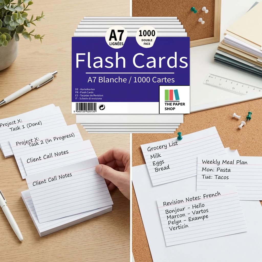 The Paper Shop Fiches Bristol A7 Lignées Blanches | 1000 Fiches de Révision 127 × 76 mm (5 × 3) | Flashcards Index Cards pour École Études Apprentissage Organisation Notes