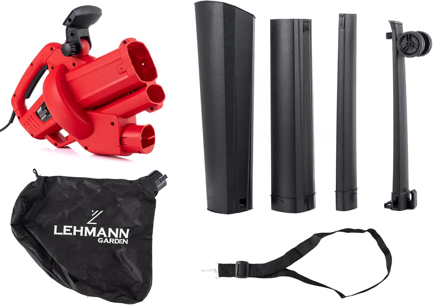 A black 40-liter collection bag with the LEHMANN GARDEN logo, attached to the leaf blower unit.