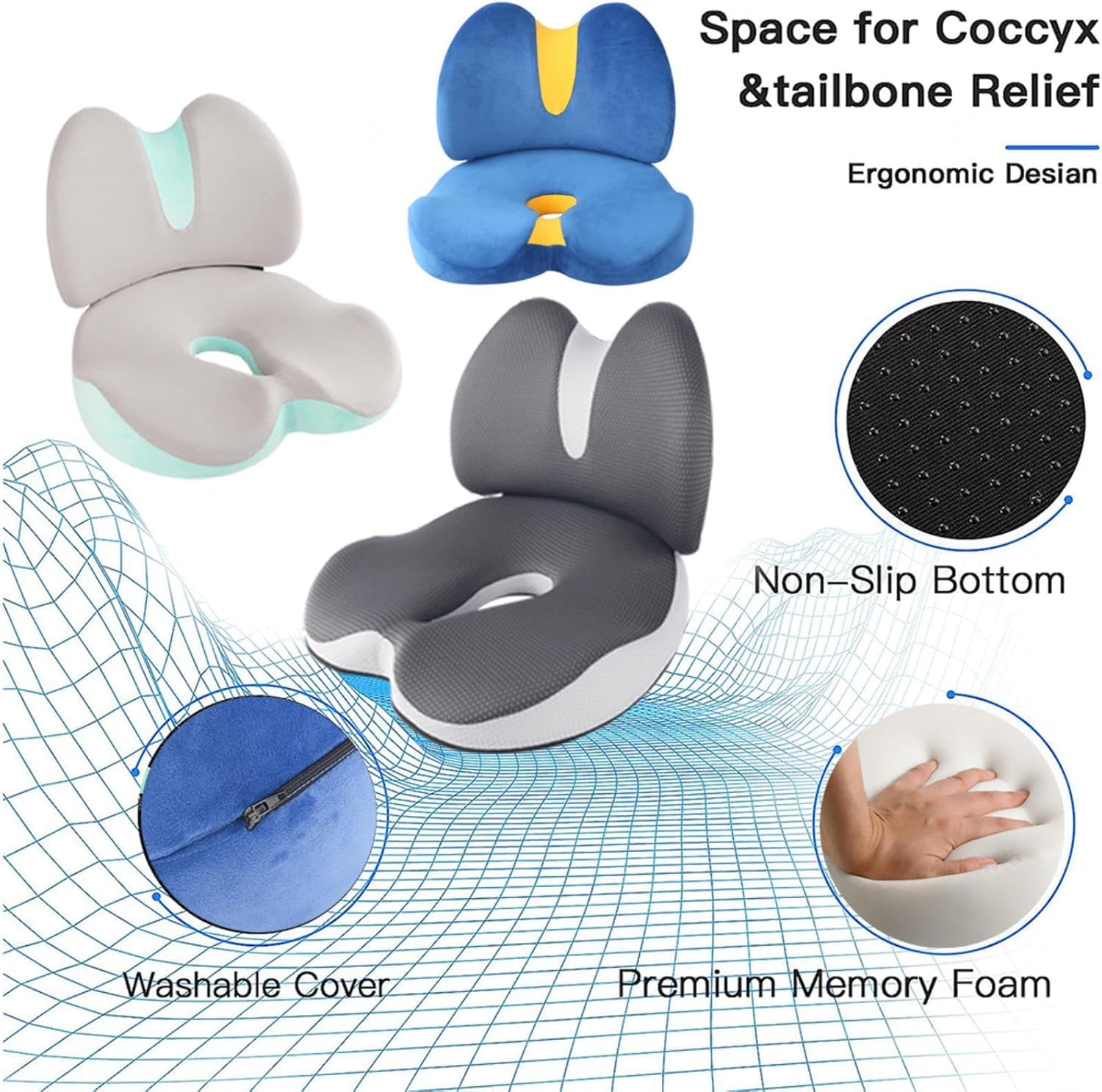 Cuscino ergonomico in memory foam per sedia e auto, design traspirante, cerniera staccabile, supporto per fianchi e vita, sollievo dallo stress per ufficio e viaggi
