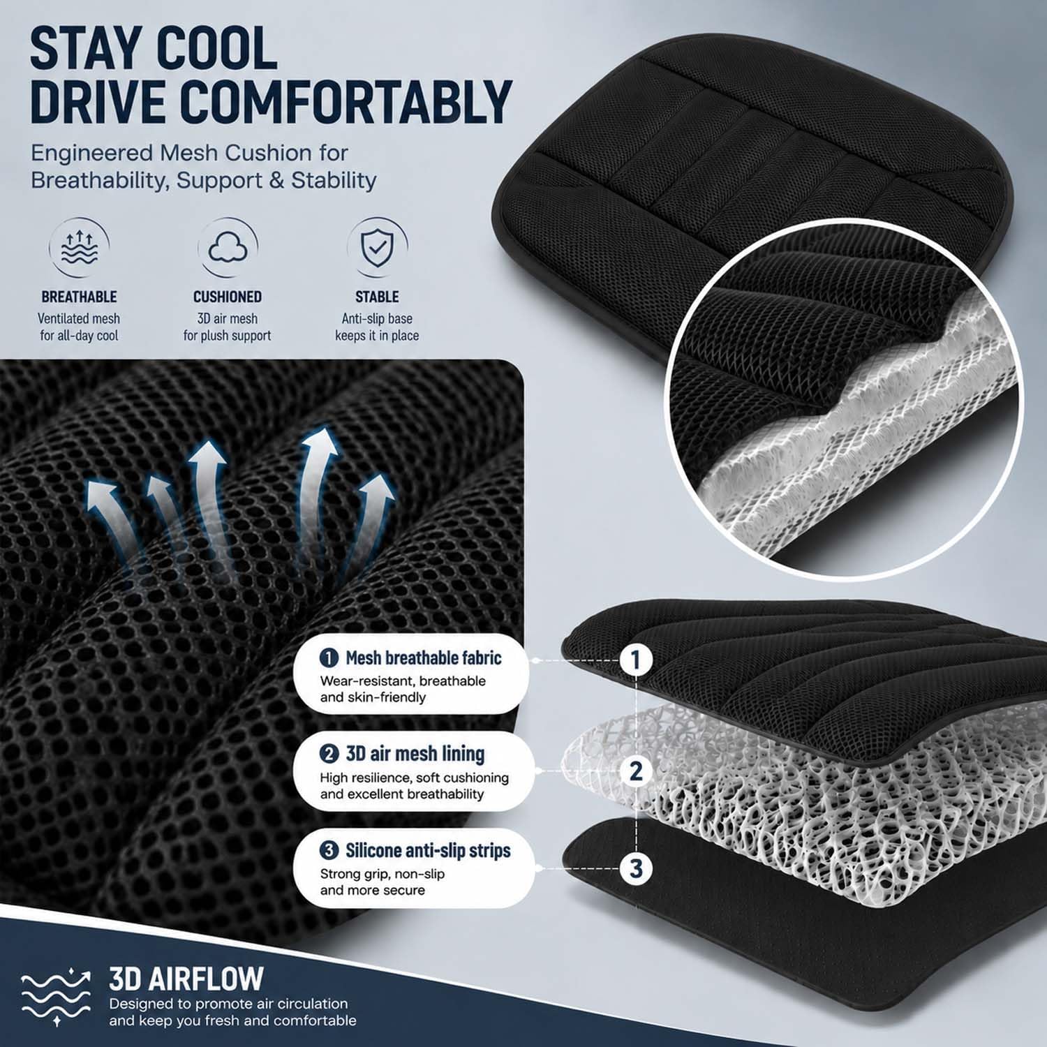 Mesh Car Seat Cushion for Driving, Summer Cooling Breathable 3D Air Car Seat Pad for SUV Pickup Truck Or Office Chair (Black) image 3
