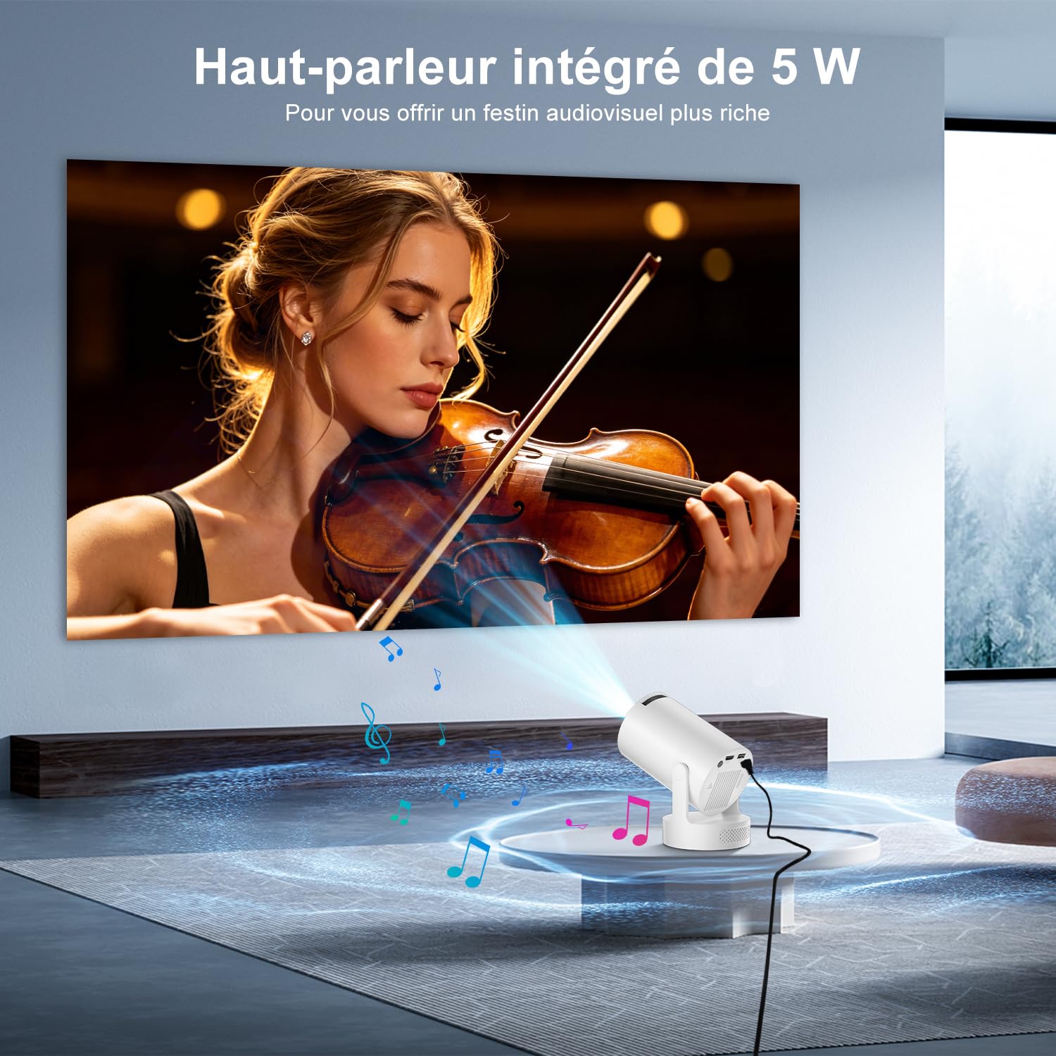 [2026 Upgraded & Apps intégrées] Salange Mini Videoprojecteur compatible 4K 1080P, Pico Projecteur Intelligent Android 14, Portable Video projecteur d'extérieur, haut-parleur 5W WiFi6 et Bluetooth 5.4