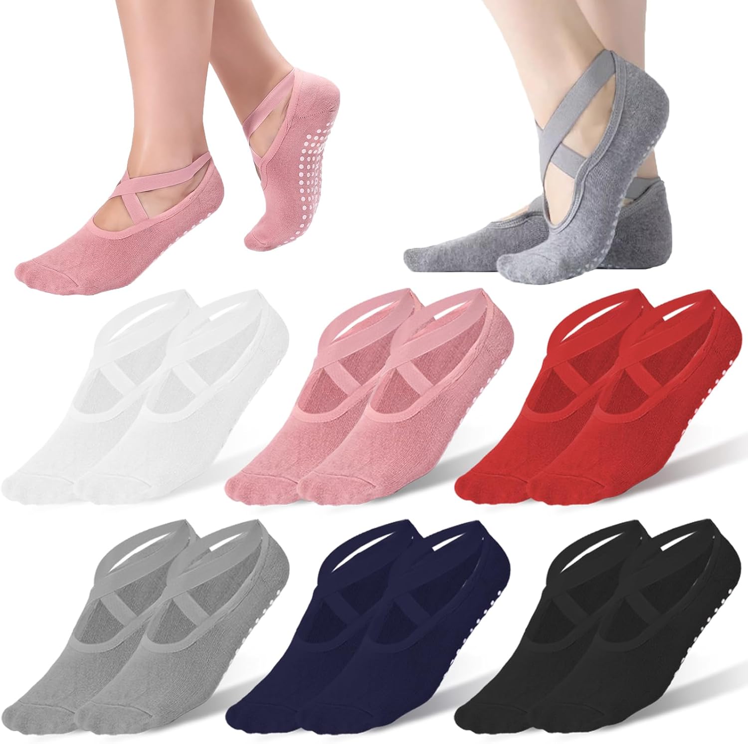Tergy 6 Pairs Yoga Socks with Grip for Women Anti Skid Gripper No Slip Socks for Pilates, Barre, Dance,Yoga