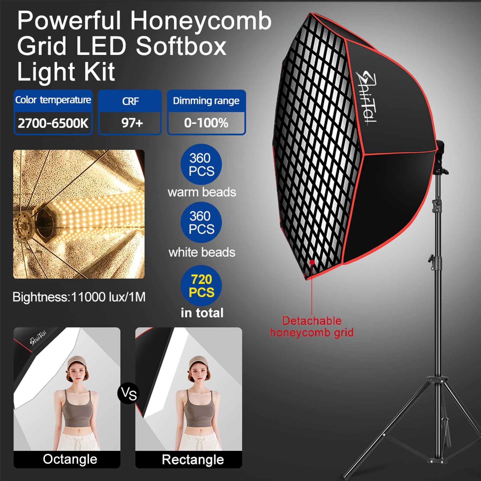 Softbox - Kit de iluminación para fotografía (94,0 cm, con Rejilla de Panal, 110 W, 2700 K-6500 K, 11000 Lux, Regulable, lámpara prismática LED y Mando a Distancia)