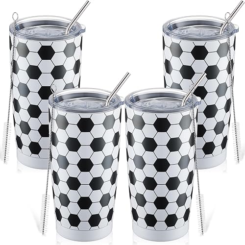 4 vasos de fútbol para los amantes de los deportes, vaso de fútbol de acero inoxidable de 20 onzas, taza de café, vaso aislado al vacío con tapas