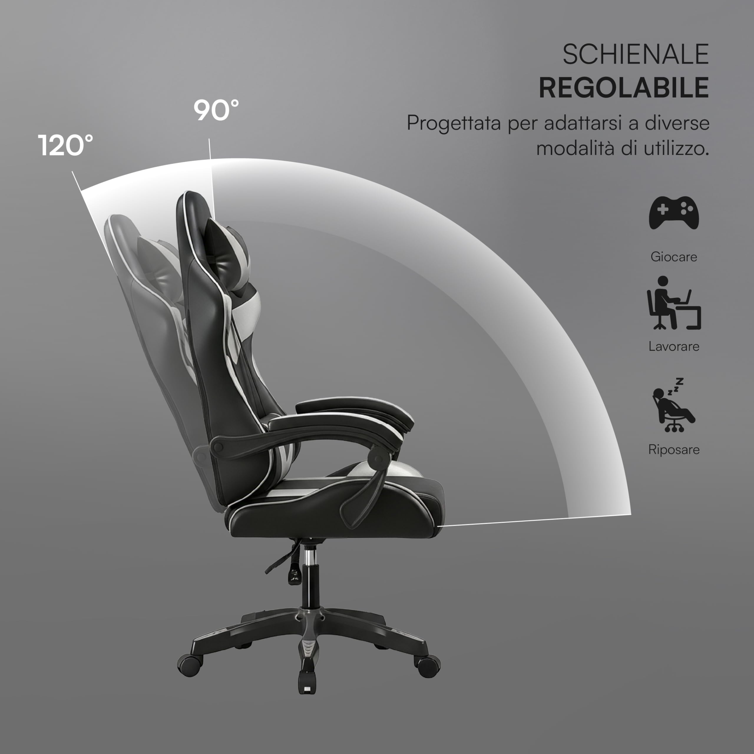 Baroni Home Sedia Gaming con Schienale Ergonomico Inclinabile e Altezza Regolabile, Sedia Ufficio con Supporto Lombare, Poggiatesta Imbottito, 50x62x110-120 cm, Nera e Grigia