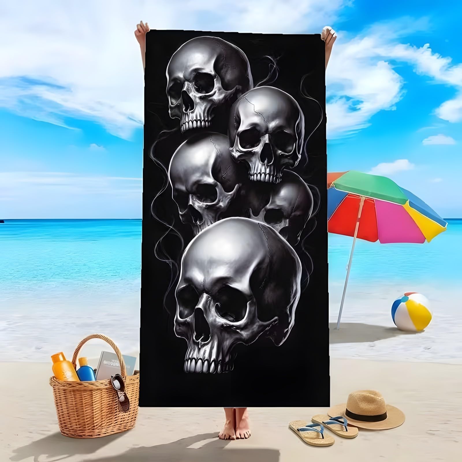 YZQGLHP Skull Microfibre Beach Towel Gothic Beach Bath Towel Quick Drying, Lightweight, Sand-Free, Durable, for Pool, Gym, Camping, Travel Towel 80x180cm