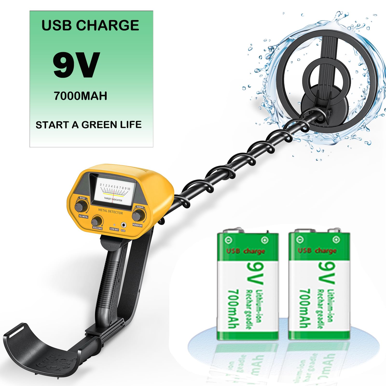 Détecteur de Métaux Rechargeable 9V pour Enfants Adultes, Hauteur Réglable 78-108cm, Disc & Mode Tout Métal