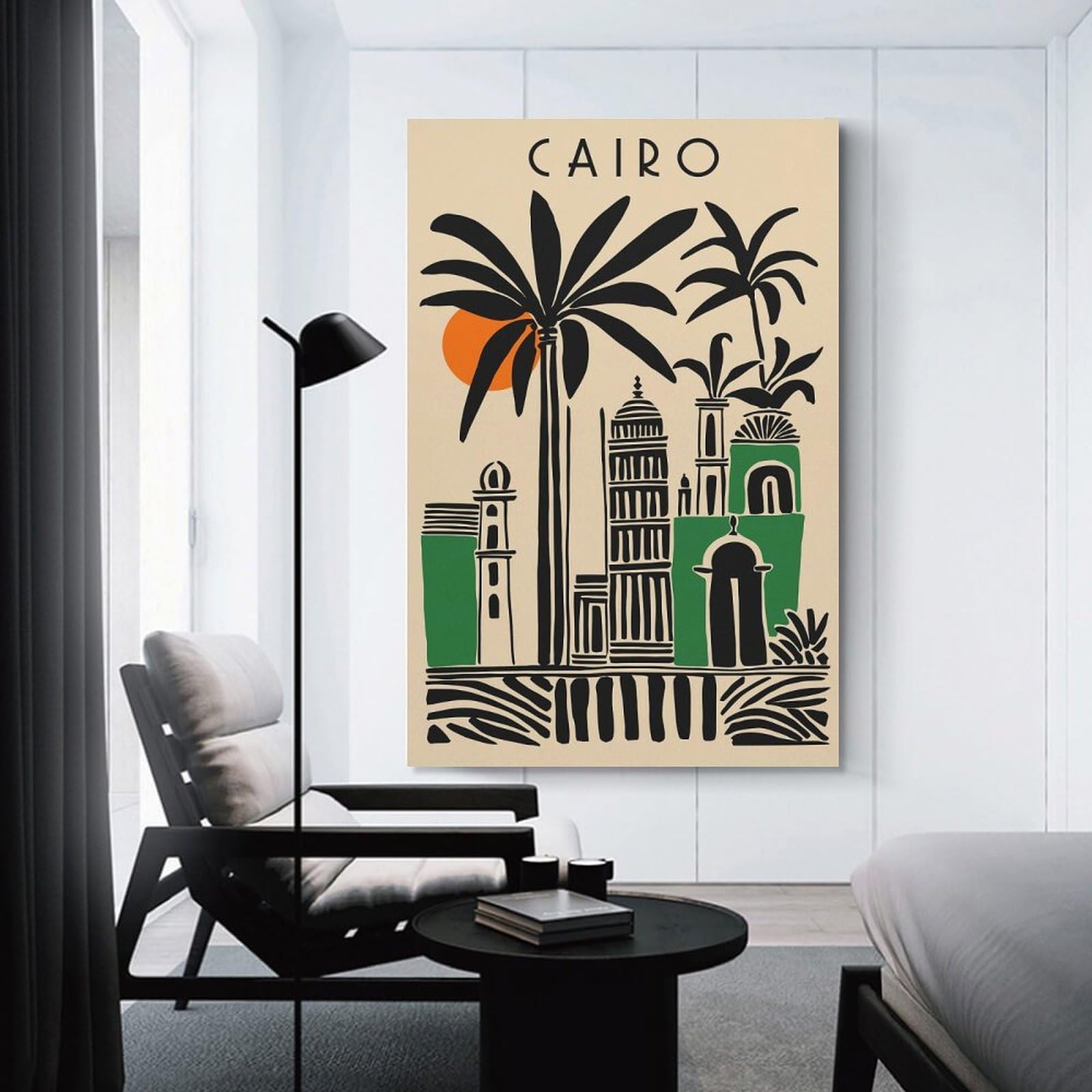 Junmoney Cairo Illustration with Palm Trees And Buildings Room Decor Wall Art, 20x30inch(50x75cm), for Bedrooms, Workspaces And Everyday Interiors, An Adaptable Decor Piece for Home Use