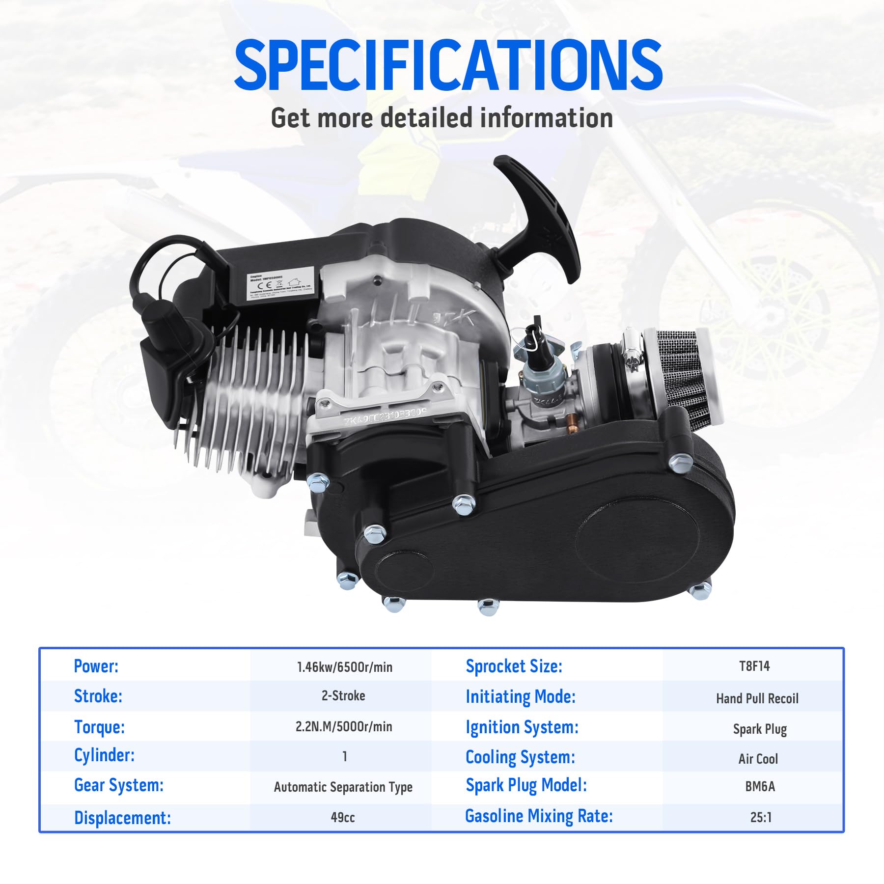 Samger 49cc 50cc 2-Takt Engine Motor Dirt Bike Cross Pocket Bike Dirt Bike Mini ATV Quad Transmisión Carburador