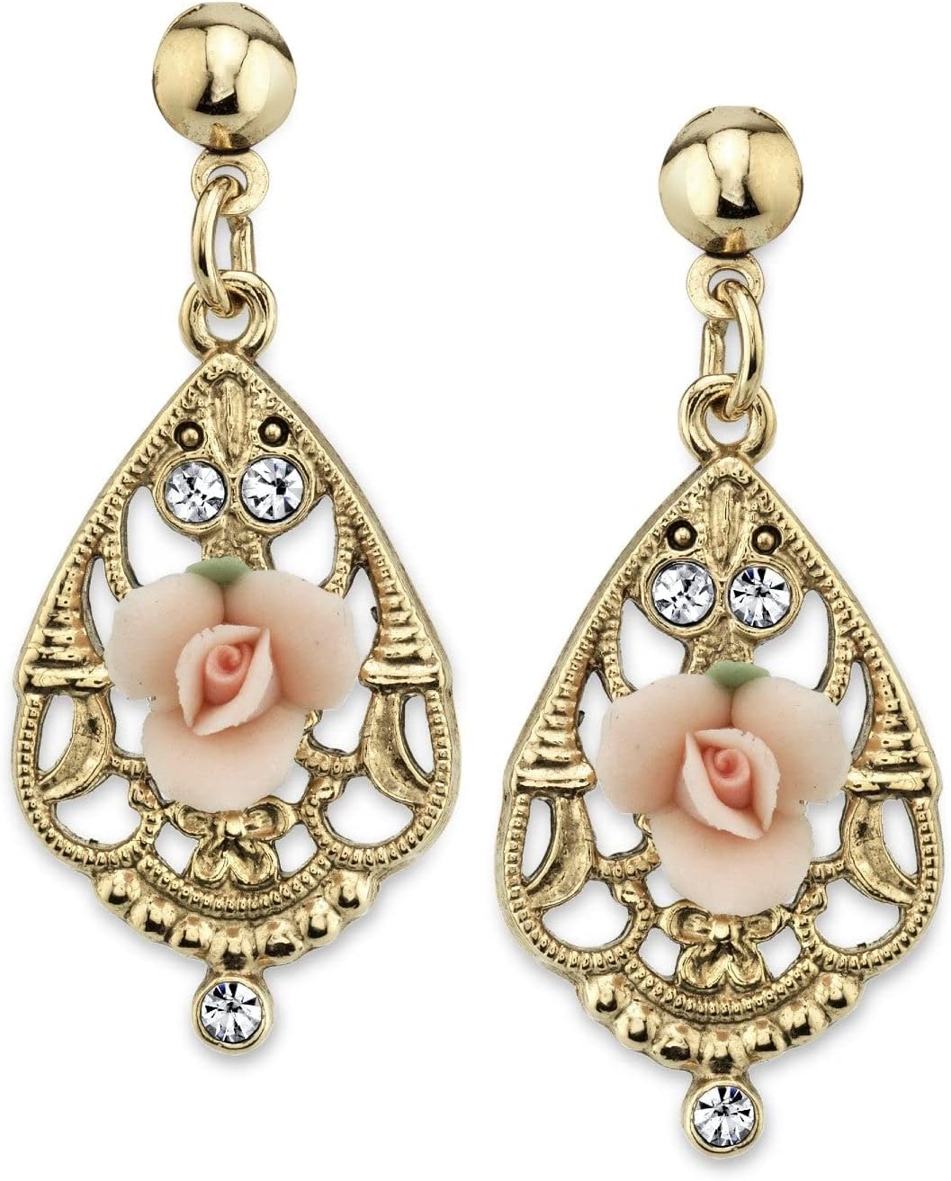 1928 Jewelry "Porcelain Rose" Teardrop Filigree Crystal Accent Rose Teardrop Earrings For Women, Hand Crafted Flowers, Timeless Floral Jewellery, Made In USA