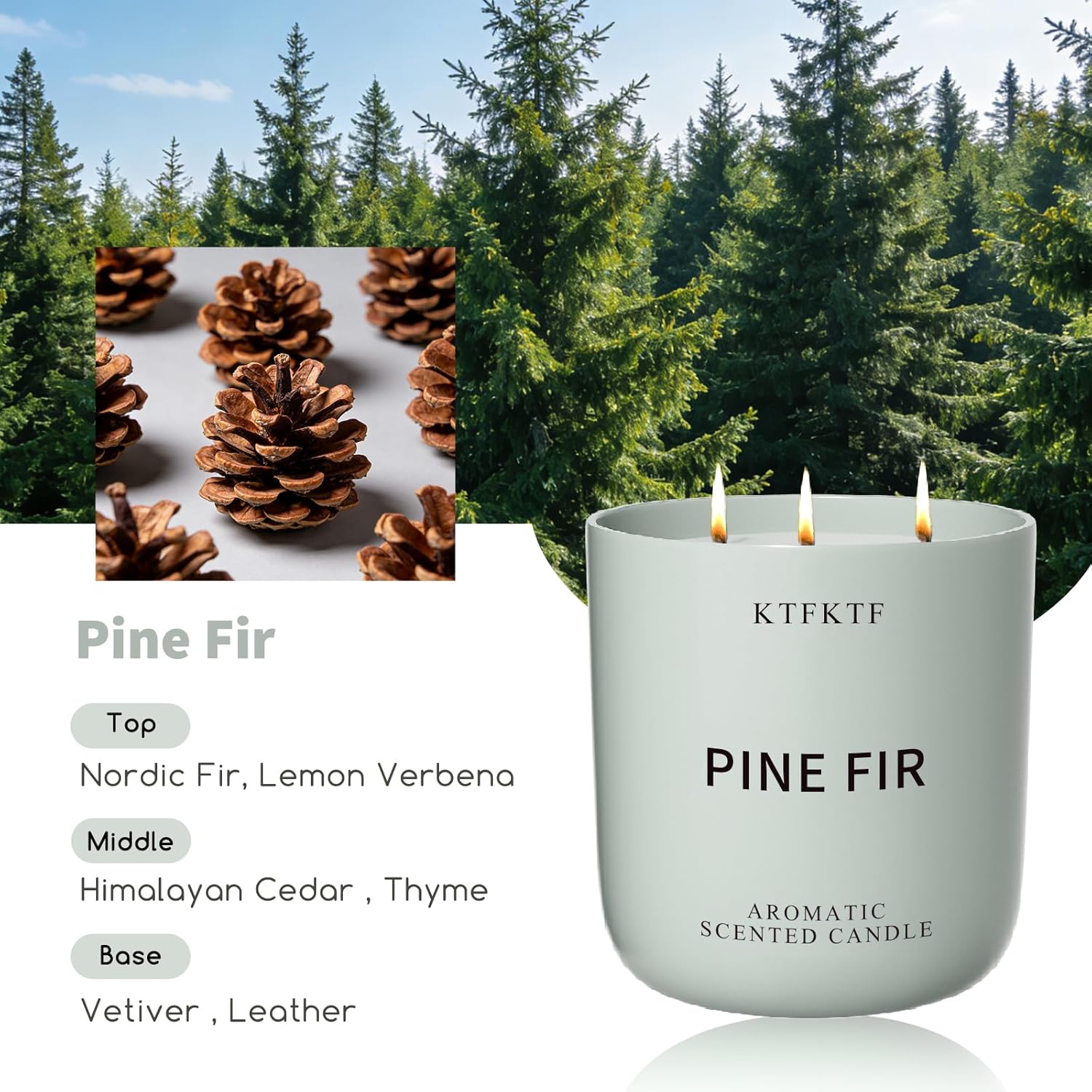 Pine Fir Scented Candle for Home, 14.1oz 80H Long Lasting Aromatherapy Candles for Relaxation & Freshness, Non-Toxic Essential Oil & Soy Wax | Crisp Woody Forest Fragrance - Image 3