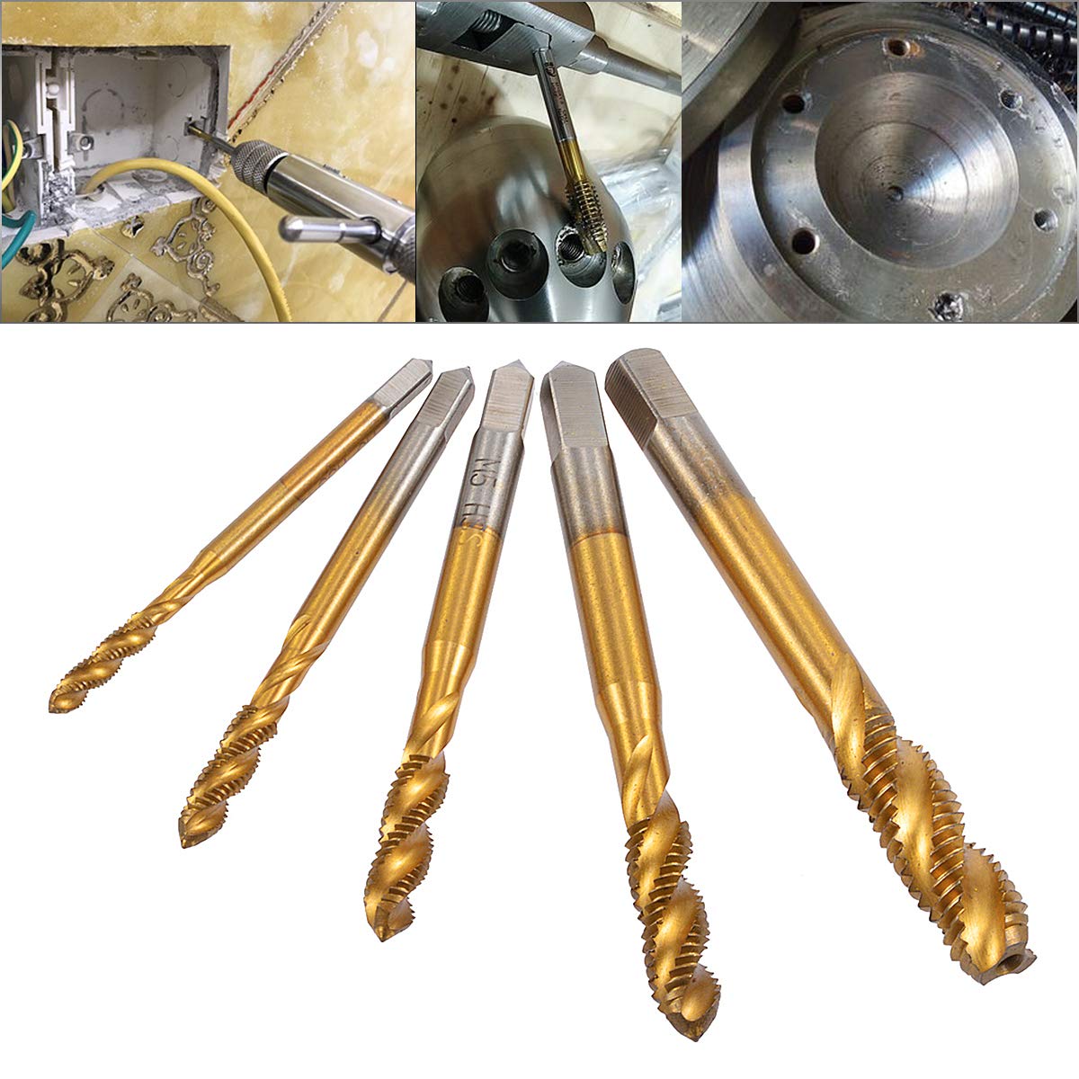 HOHXEN 5pcs Spiral Flute Metric Taps Set[Titanium Coated HSS],M3 M4 M5 M6 M8 Square Shank Screw Tapping Tool for Pulling Groove, Boring or Cutting