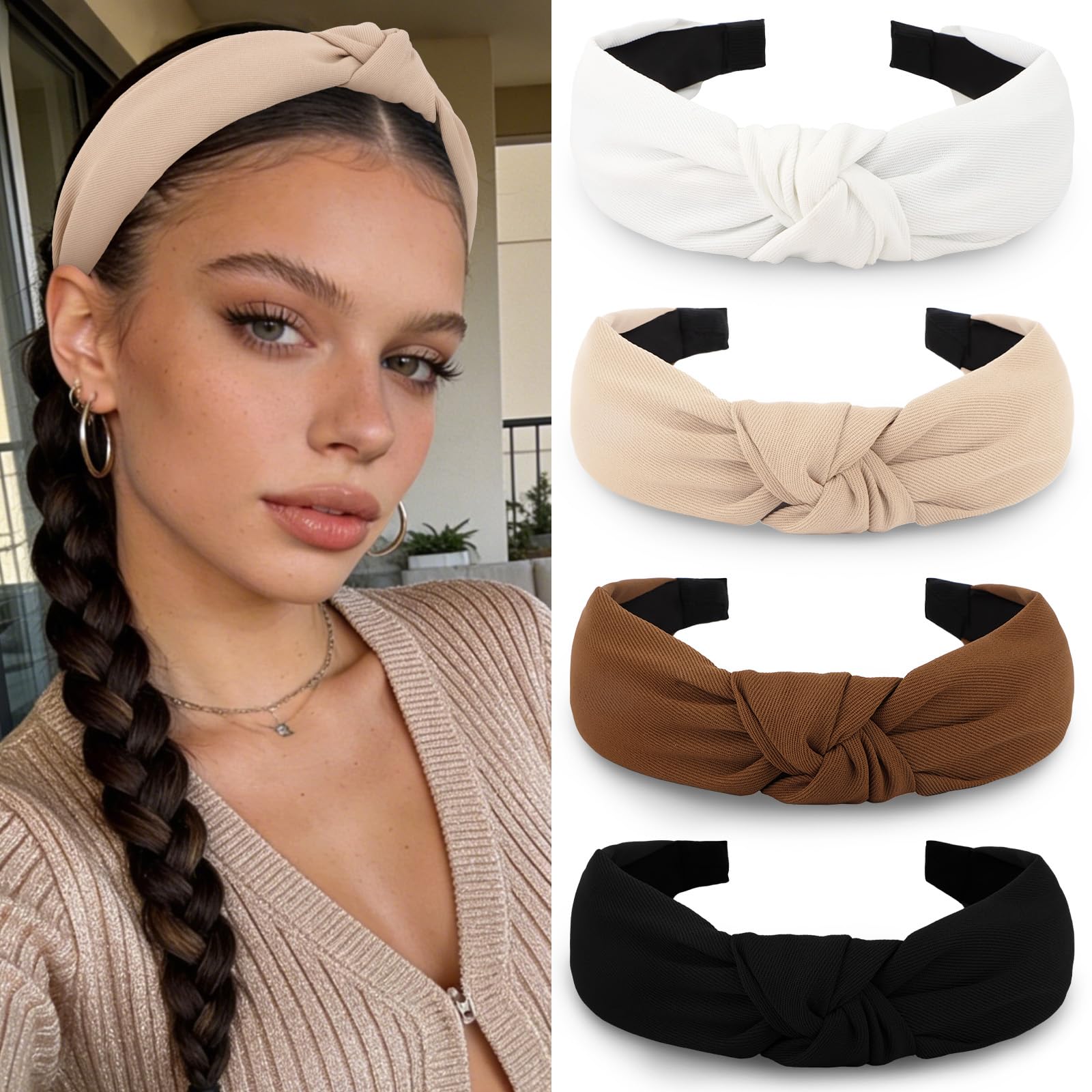YISSION 4PCS Knotted Headbands - Non Slip Wide Fashion Head Bands