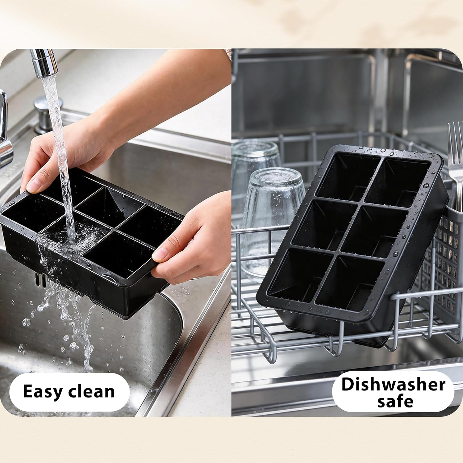 Silicone Ice Cube Tray 2 Pack, 2 Inches Square and Sphere Ice Cube Molds - BPA Free, Ice Ball Maker Mold for Whiskey, Cocktails, Bourbon - Black