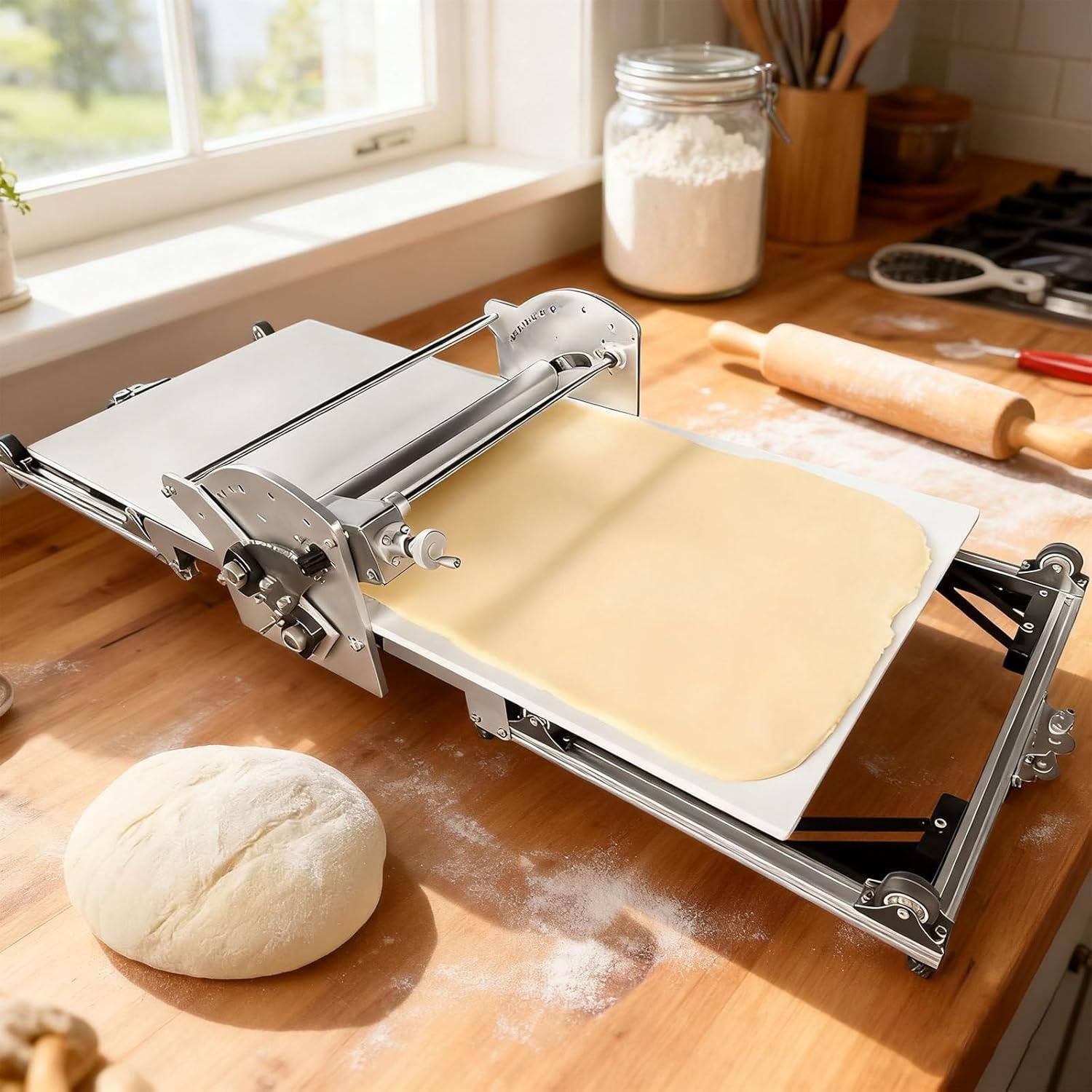 Elektryczna składana wałkarka do ciasta, elektryczna wałkarka do ciasta ze stali nierdzewnej – ręczna maszyna do wałkowania ciasta z regulacją 2-30 mm, idealna jako laminator do ciasta lub wałkownica