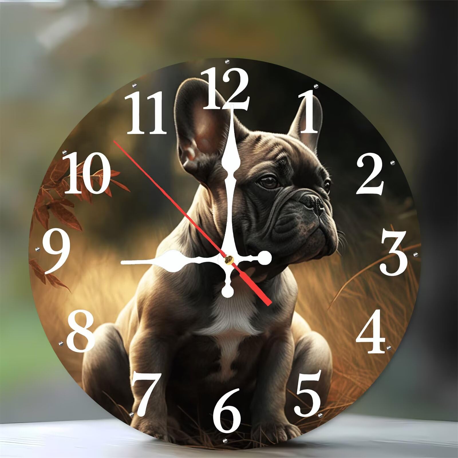 Horloge murale en bois sans tic-tac bouledogue français 35 cm pour chambre calme