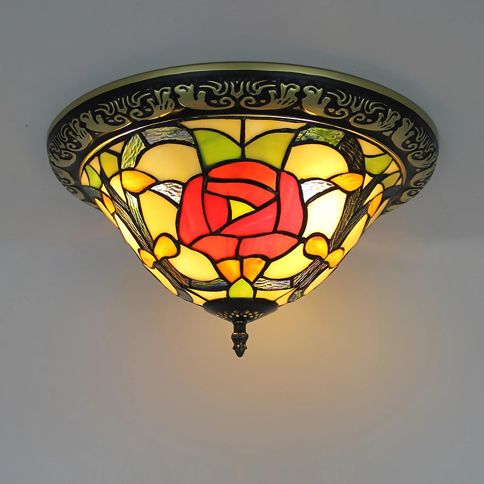 WDBZTJ Tiffany Style Ceiling Light Flush Mount, 15 inch Stained Glass Ceiling Lamp, E27 Bulb, Vintage LED Chandeliers for Living Room Bedroom(D1)
