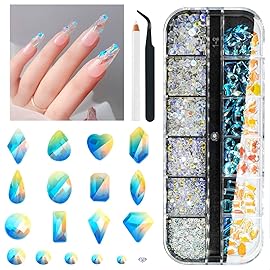 qiipii Aurora Nail Art Rhinestones Clear Moonlight Nail Charms Multi Shapes Aurora Flatback Rhinestones Big Gems Round Beads K9 Glass Crystals Diamonds Jewels for Nails Faces Makeup