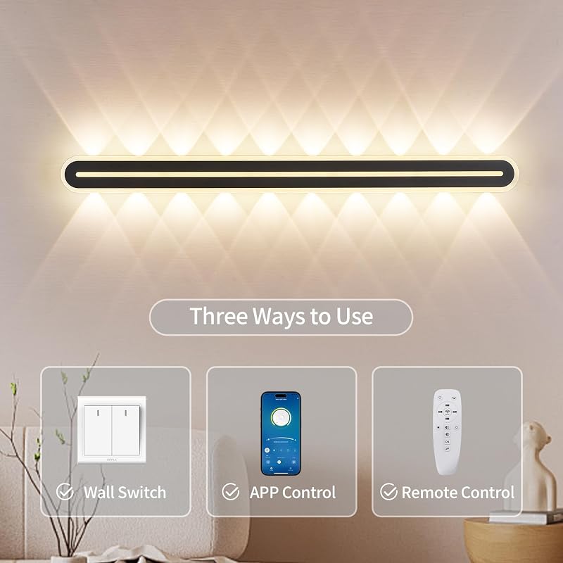 SUCIKORIO 100 cm LED Fali Lámpa - 40W Modern Fekete Világítás 3000K-6500K, 5-100% Szabályozható, Távirányítóval és Applikációval Hálószobába