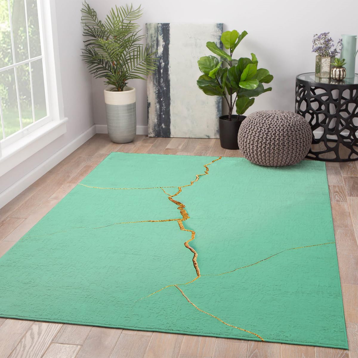 Tapis Lavable à Poils Ras Vert Minimaliste pour un Salon Propre et Chaleureux