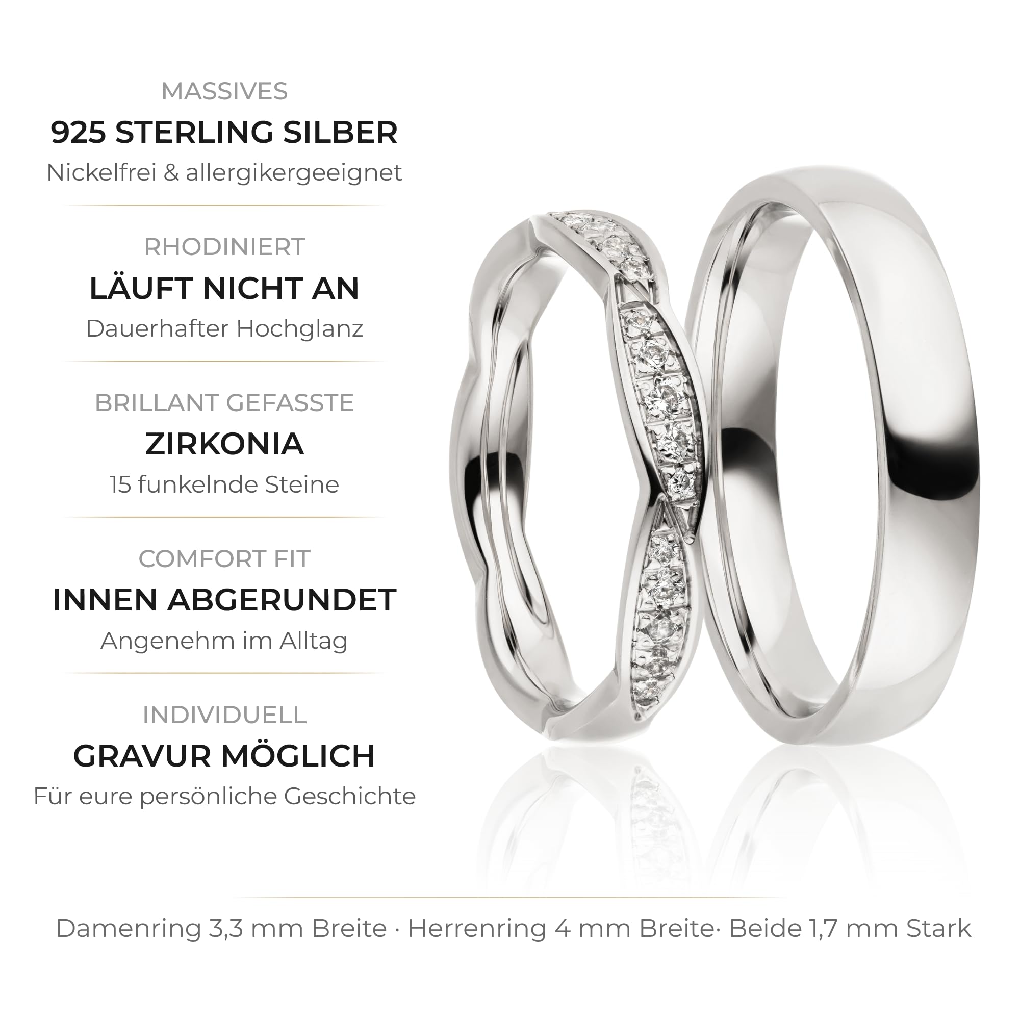 Kolibri Rings Eheringe Silber 925 Set 15 Zirkonia Steine - Gravur und Etui