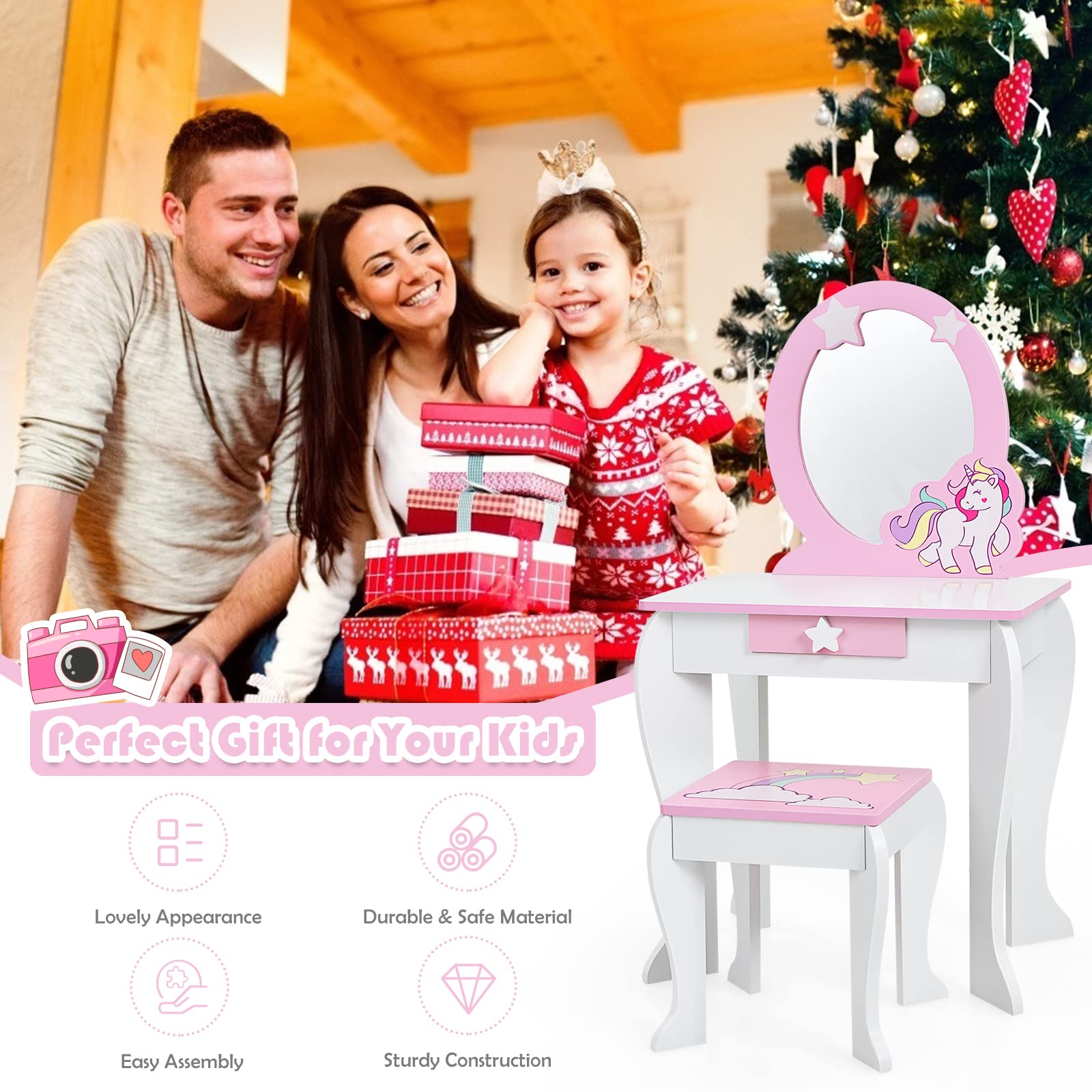 LIFEZEAL Set Toeletta di Unicorno per Bambini con Sgabello e Specchio Rimovibili in Stile Principessa, Tavolo Cosmetico per Ragazzi in Legno, Tavolo da Trucco per Camera da Letto (rosa)