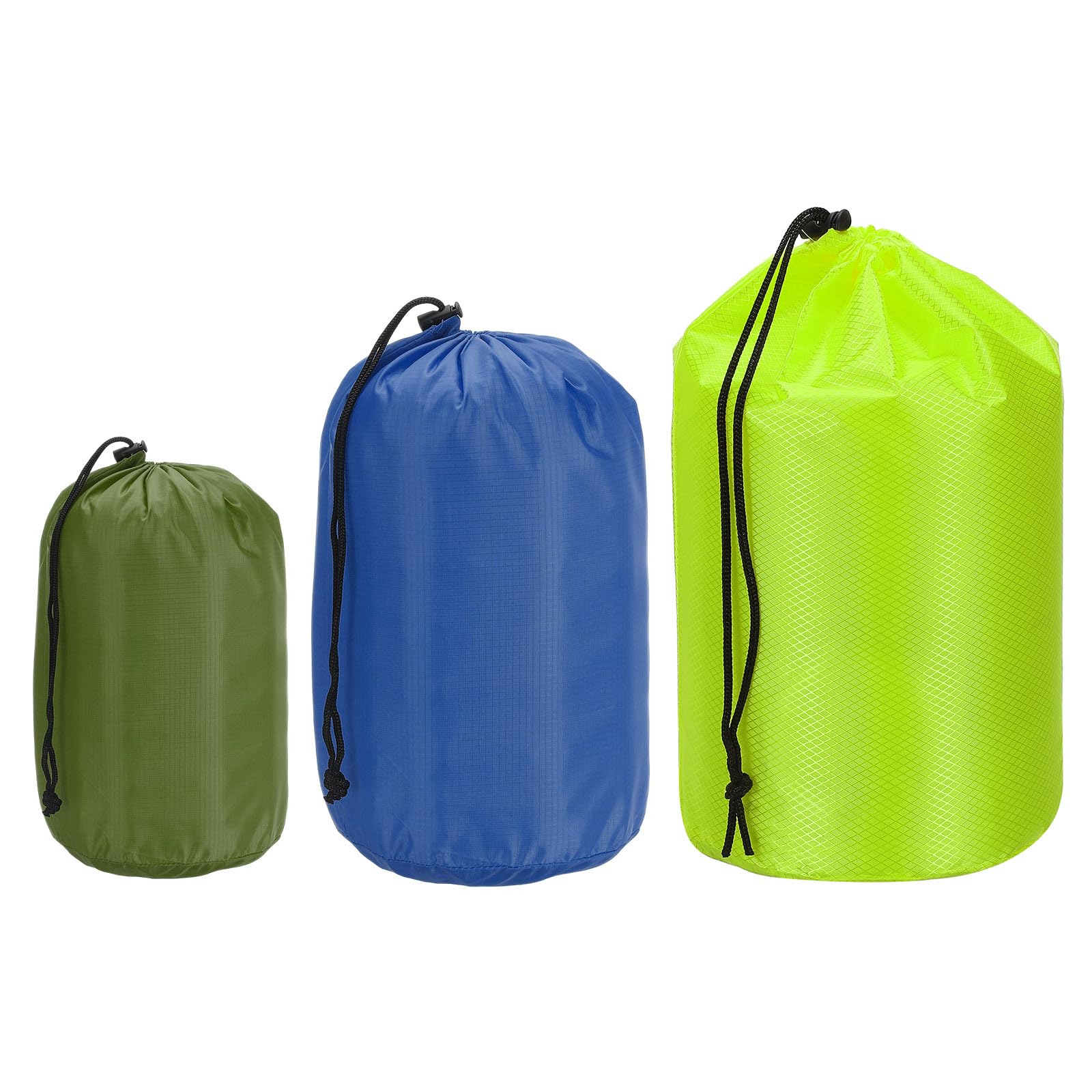 PATIKIL Stuff Sack 4x8/5x10/7x13, 3 Pcs Waterproof Outdoor Storage Sack Portable Drawstring Dust Flap Bag Sleeping Bag for Camping Hiking Backpacking, Green/Navy Blue/Fluorescent Green