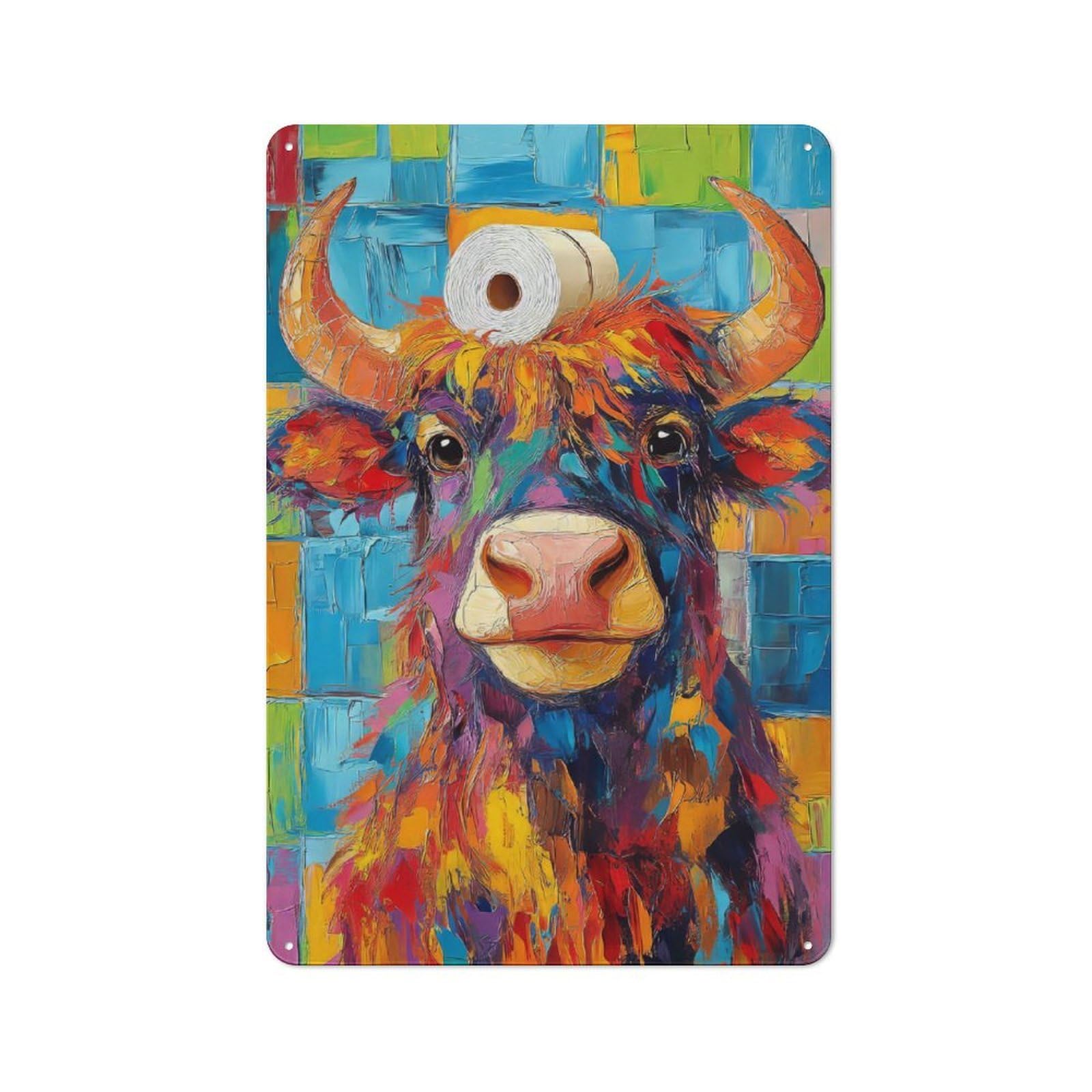 Junmoney Colorful Bull With Toilet Paper Retro Decorative Metal Plaque 30X20cm, Garage Wall Decor For Garage, Workshop, Shed Or Utility Room