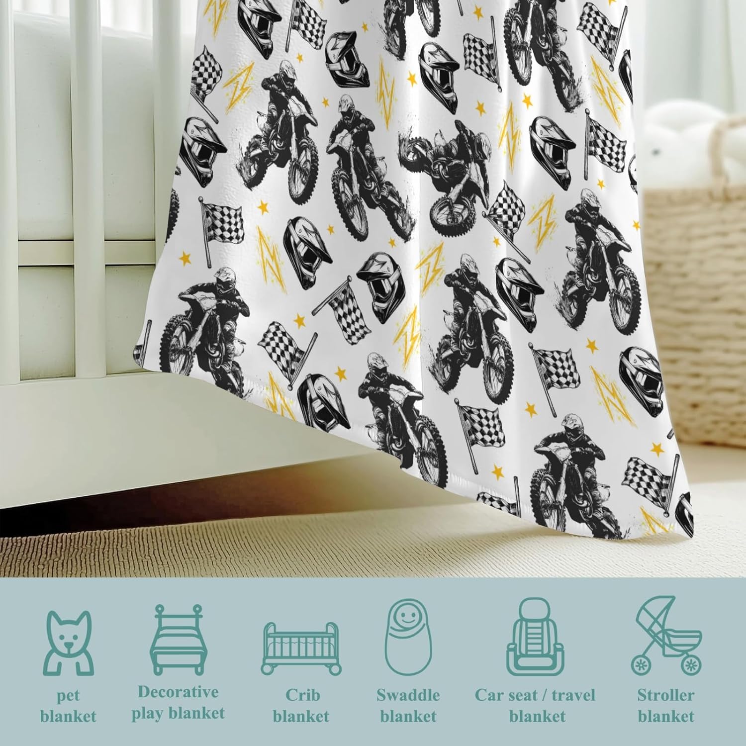 Watercolor Motorcross Bike Helmets Black Baby Blanket Girls Boys Flannel Fleece Nursery Race Motor Checkered Flag Bed Receiving Swaddle Toddler Newborn Race Blanket Motor 40x50inch