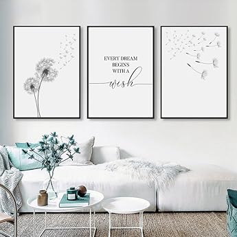 Trayosin Set of 3 Posters for Living Room - Aesthetic Flower Black White Pictures Decoration Bedroom - Dandelion Canvas Stylish Wall Pictures - Without Picture Frame 21 x 30 cm