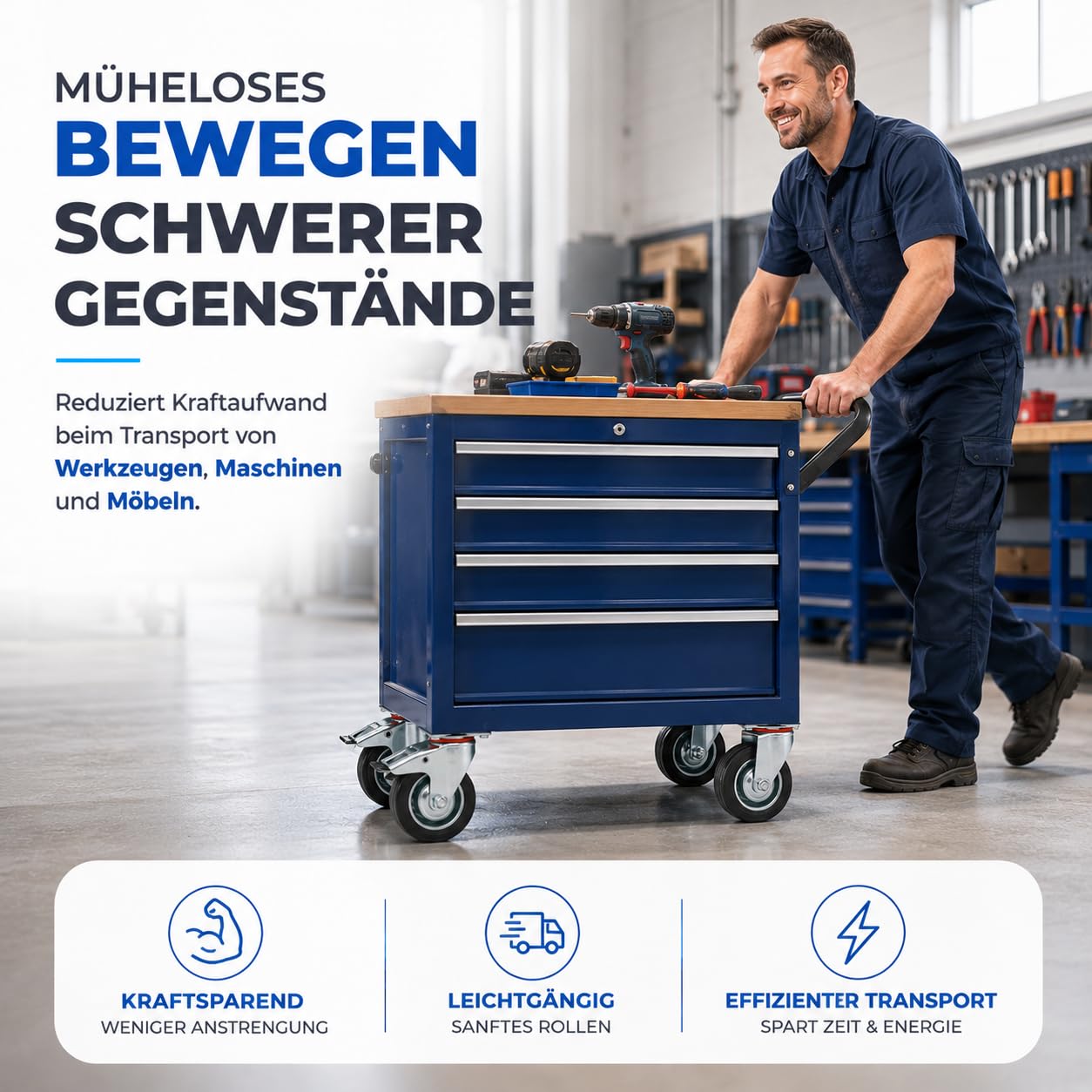 Wheels 4er Transportrollen 400 kg belastbar Lenkrolle mit Bremse - Schwerlastrollen 75 mm - Rollen mit Bremsen - Schwerlast Möbelrollen (4x Lenkrollen ∅7.5 cm)