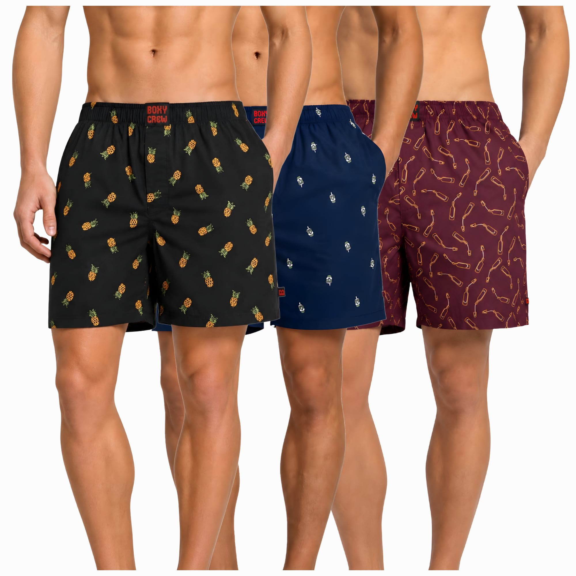 Men's 100% Cotton Boxer Shorts Pack of 3, Charcoal, Navy Blue & Maroon | Woven Boxers with Side Pockets, No-Marks Elastic Waistband, Breathable Relaxed Fit | Style 004-011-014-image-41