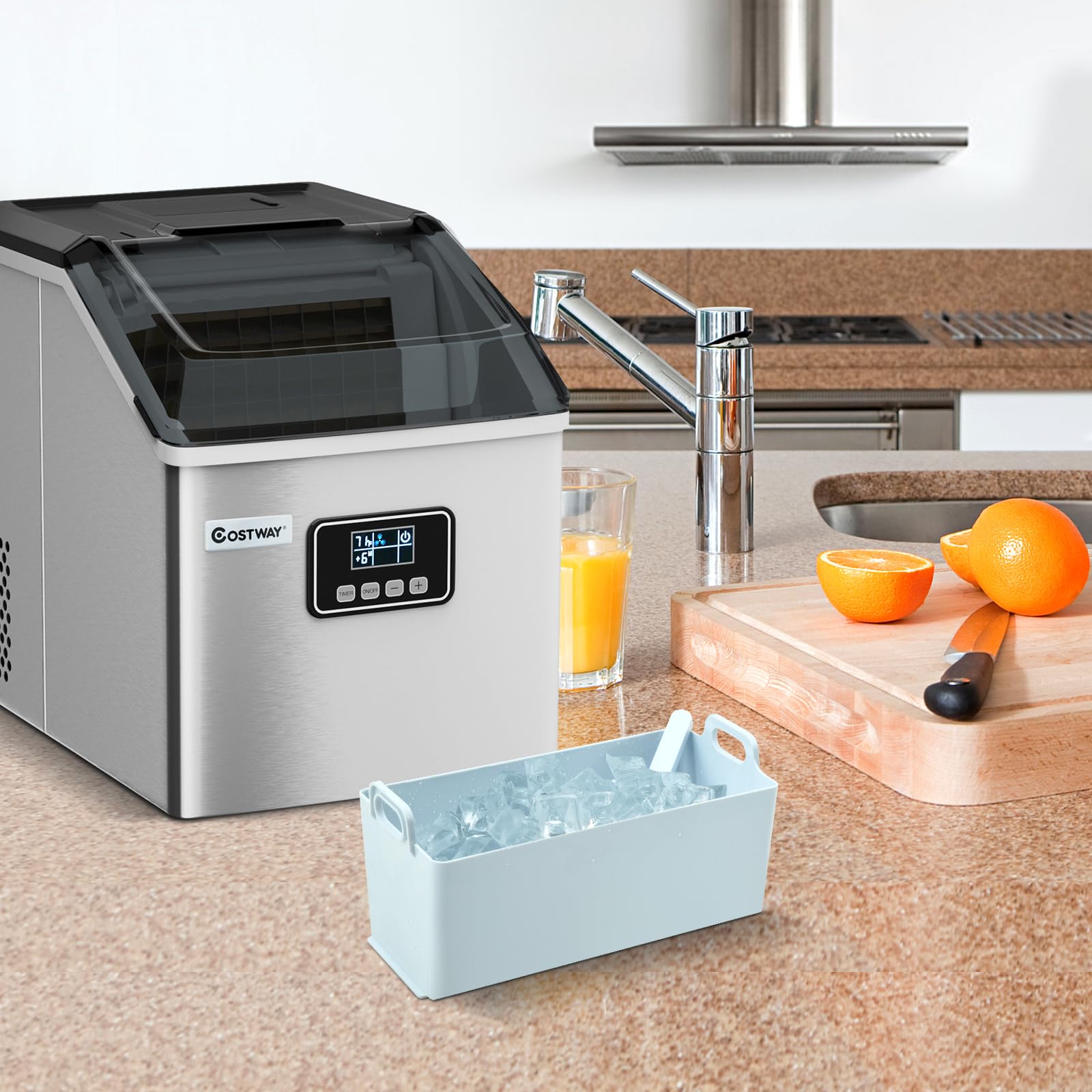 COSTWAY Machine à Glaçons Automatique 18kg/24h, Acier Inoxydable, Cuillère à Glace, Panier, Fonction d'Auto-nettoyage, Ecran LCD, Fonction Minuterie, pour Cuisine, Bar, Café