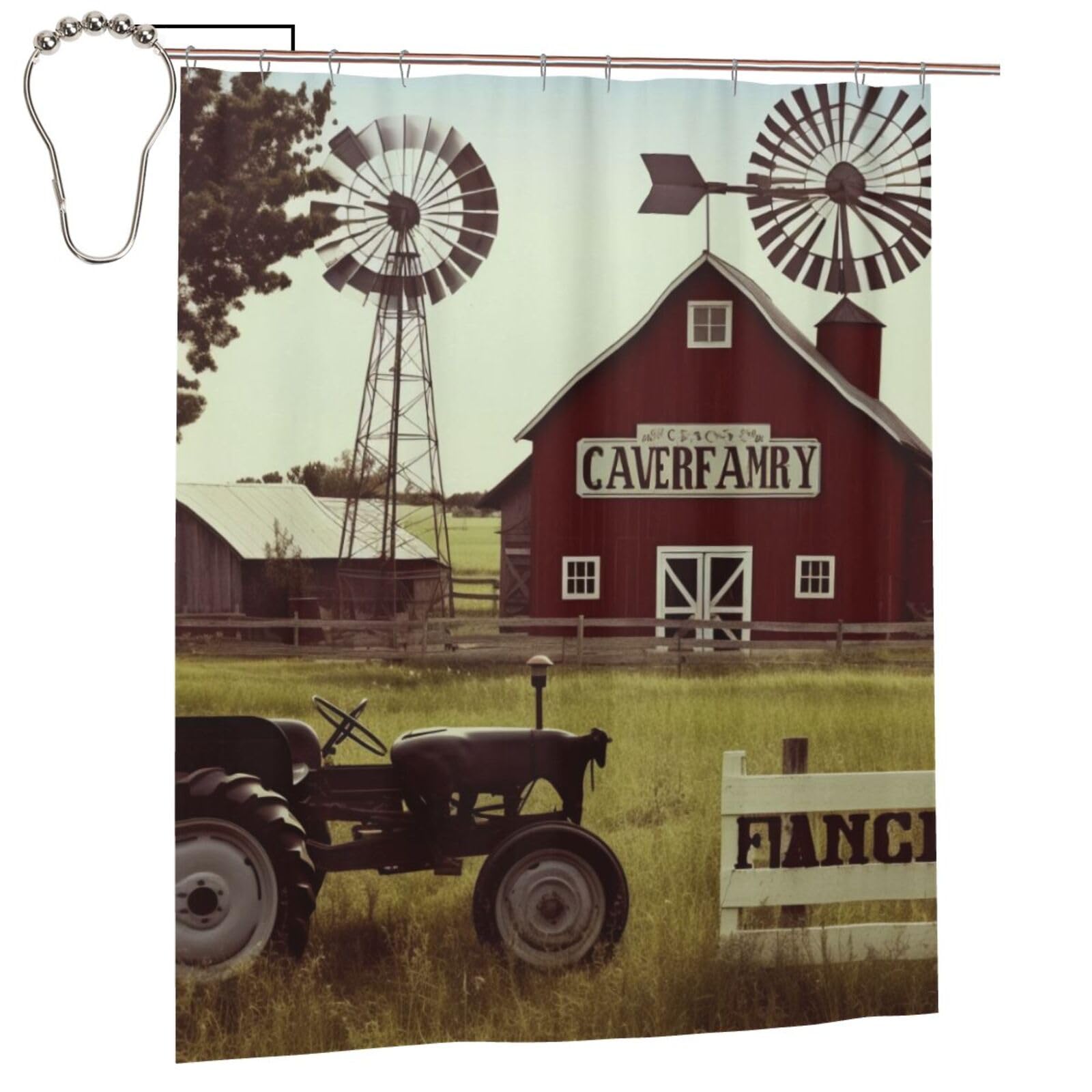 BWWHCCTI Farm Houses Windmill Tractor Printed Shower Curtain With 12 Iron Hooks Opaque Quick Drying Waterproof Shower Curtains Sets For Bathroom 152x183 Cm