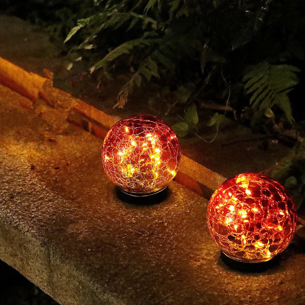 Luz del globo solar al aire libre, 2 piezasLuzes solares impermeables de vidrio agrietado del jardín,Luzes de bola del jardín del paisaje (Rojo gradiente, 10CM 20LED)