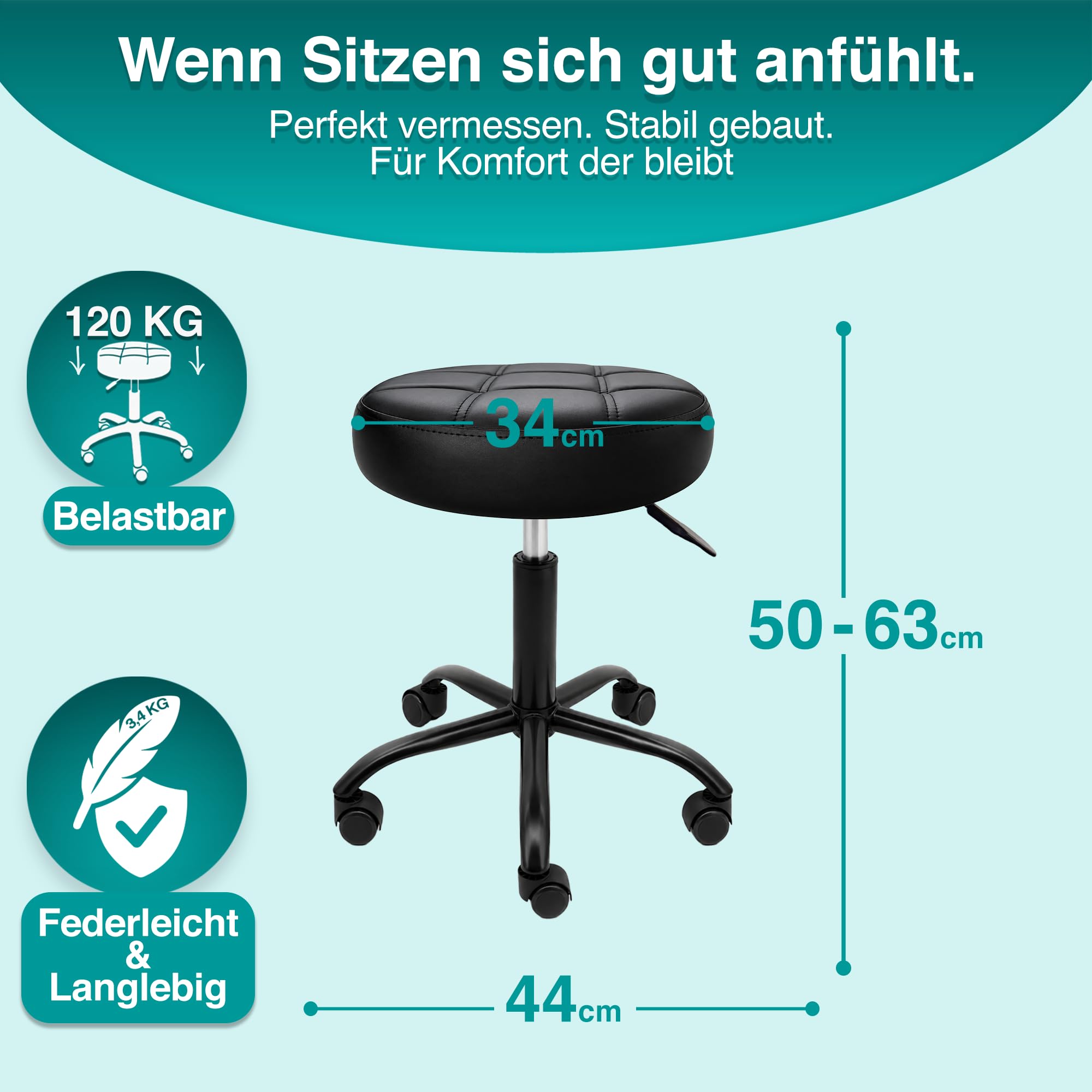 Rollhocker mit Metall-Basis und leisen Softrollen [TESTSIEGER] | höhenverstellbar, 360° drehbar, kratzfrei und stabil – ergonomischer Hocker mit Rollen | Arbeitshocker | Bürohocker [Schwarz]