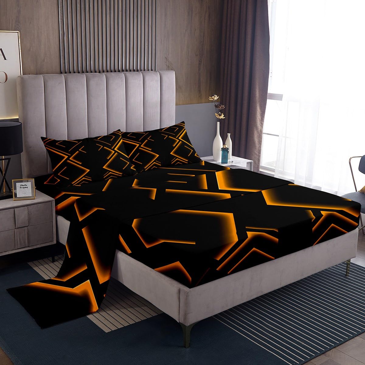 jejeloiu Geometric Abstract Ombre Bed Sheets Set Kids Twin Size Black and Orange Striped Bedding Set for Boys Girls Teens Modern Simple Fashion Art Fitted Sheet Room Decor