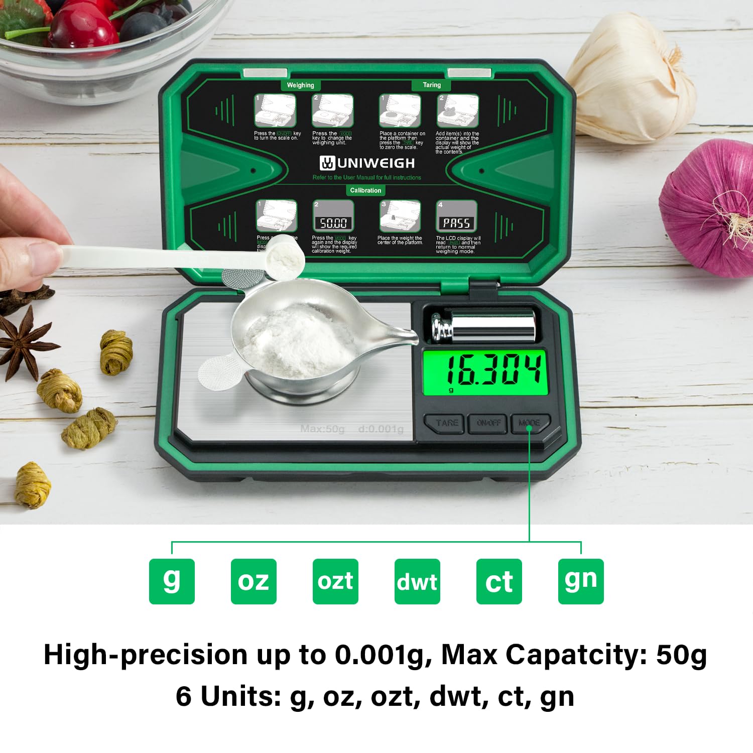 UNIWEIGH Waga miligramowa o dokładności 0,001 g/50 g, cyfrowa waga jubilerska do proszków, monet, złota, kamieni szlachetnych, ponownego ładowania, waga mikrogramowa z 6 jednostkami, funkcją tarowania