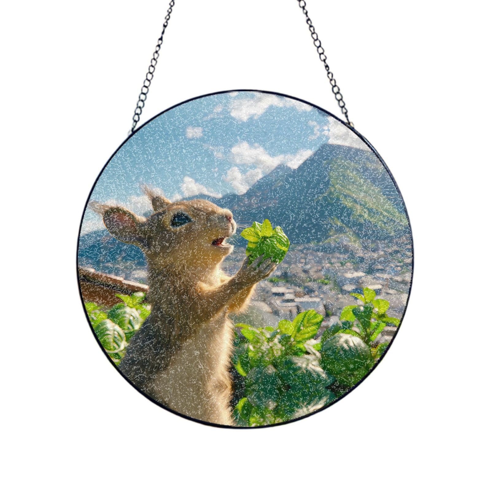 Poezjzw Stained Glass Window Hanging - Squirrel Offering Gifts Sun Catcher For Door Garden Home Decor Christmas Mother'S Day Birthday Gifts 6in（15cm）