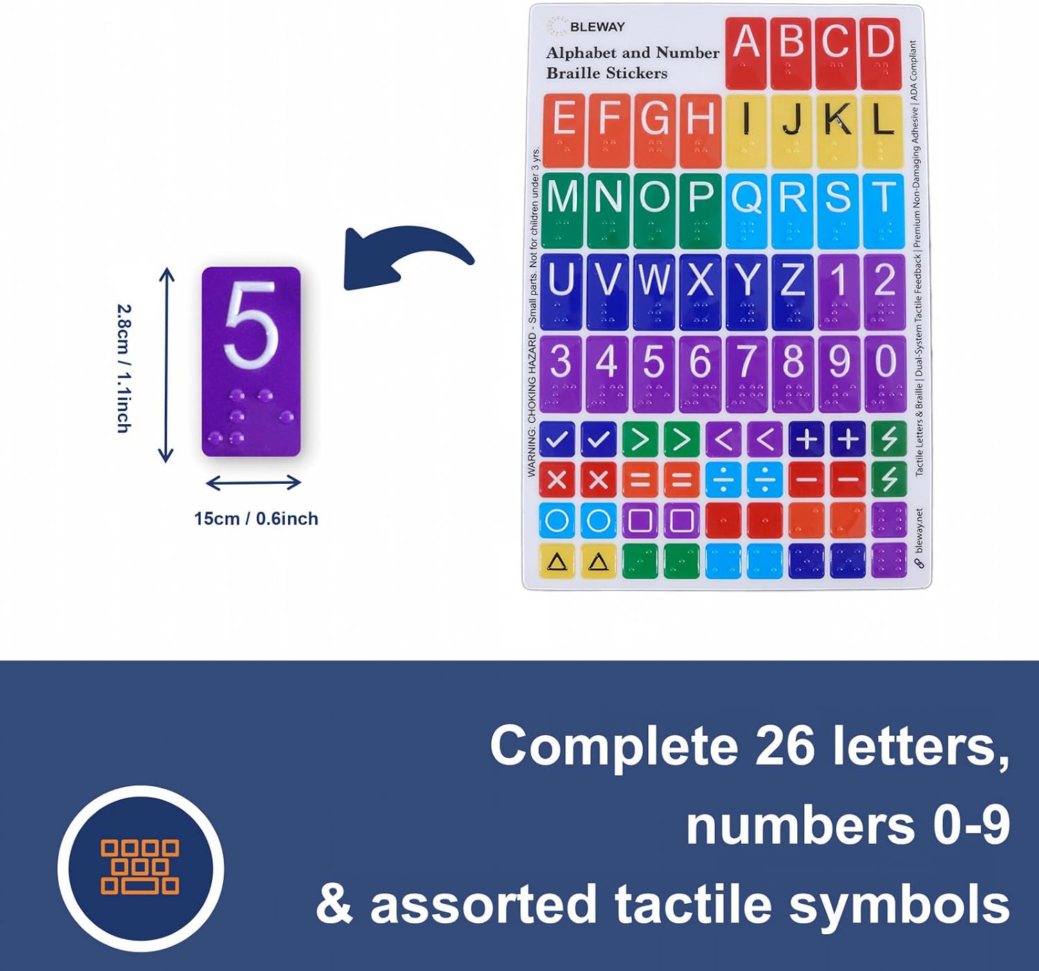 Tactile Braille Stickers, Letters Numbers & Symbols, High Contrast Multi-Color Raised Labels, Non-Damaging Adhesive for Home Cabinet Drawer Door Markers & Braille Learning