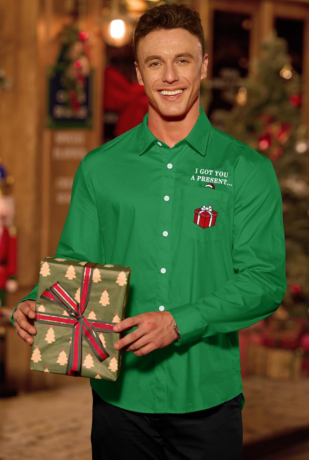 Arvilhill Men's Christmas Embroidered Button Shirt Xmas Dress Shirts with Chest Pocket (S-3XL) - Image 4