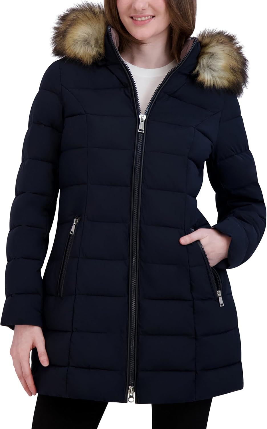 Laundry by Shelli Segal Women's Stretch Quilted Puffer Jacket – Long Winter Coat With Faux Fur Hood - Image 5